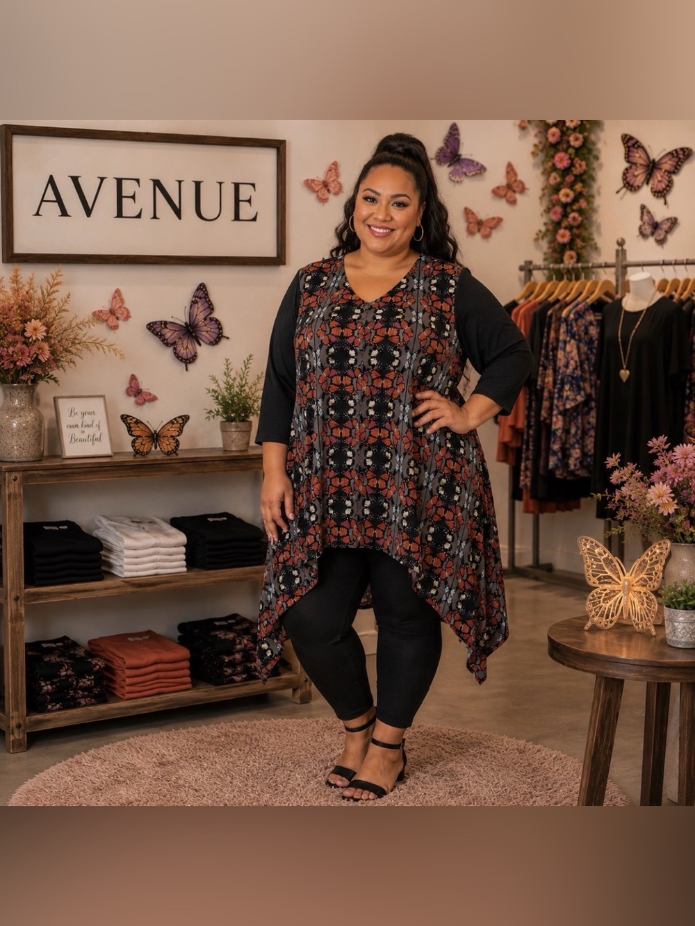 Avenue Black & Rust Butterfly Scoop Neck Plus Size Tunic (3X)